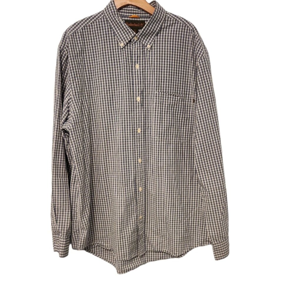 Timberland Shirt Button Down Long Sleeve Blue Checkered Plaid Mens XL EUC